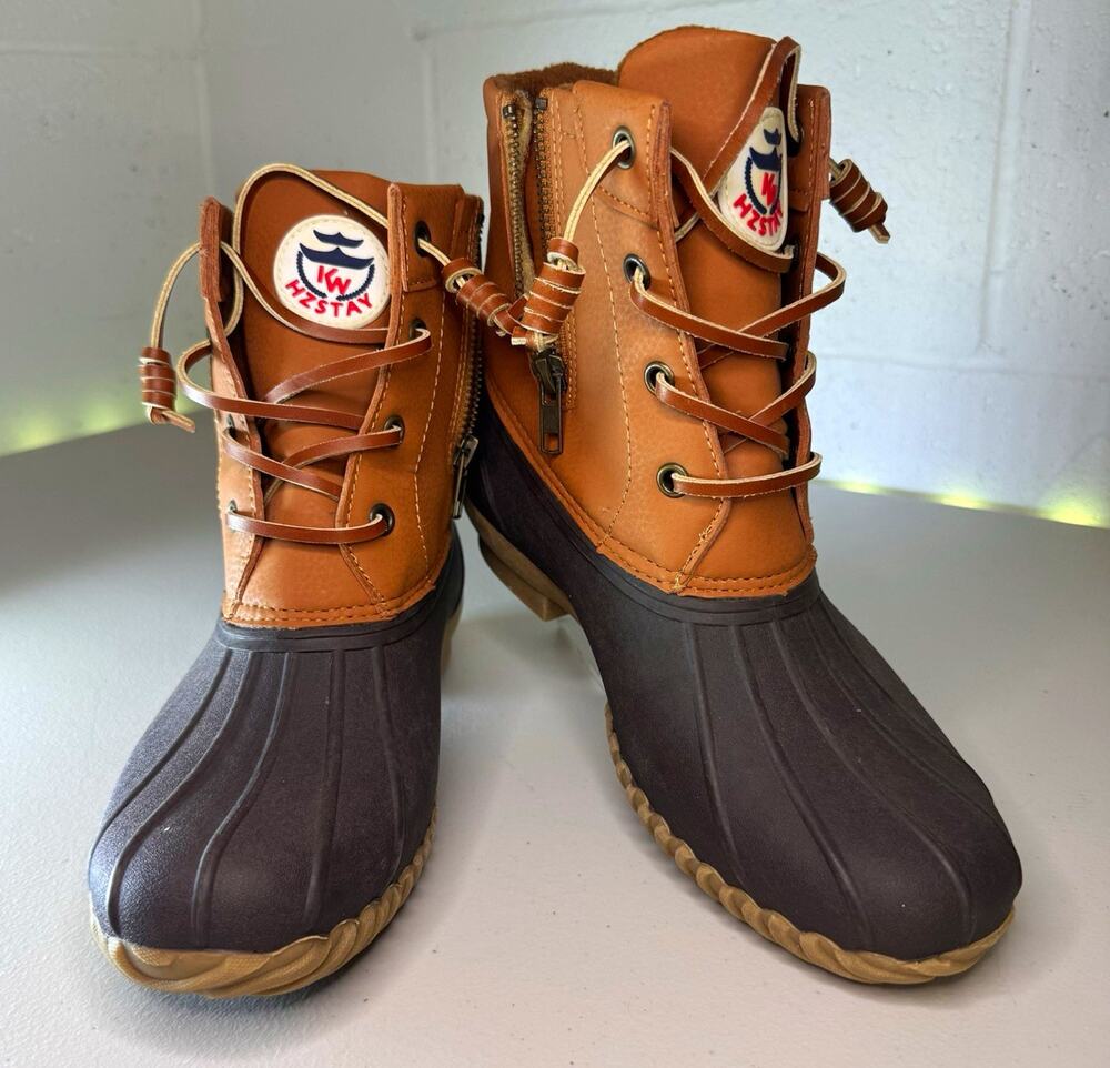 hzstay women’s duck boots brown lace up side zip size 9 winter rain boots